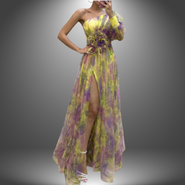 Indigo - Elegantes Ein-Schulter Tie-Dye Partykleid