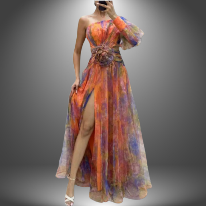 Indigo - Elegantes Ein-Schulter Tie-Dye Partykleid