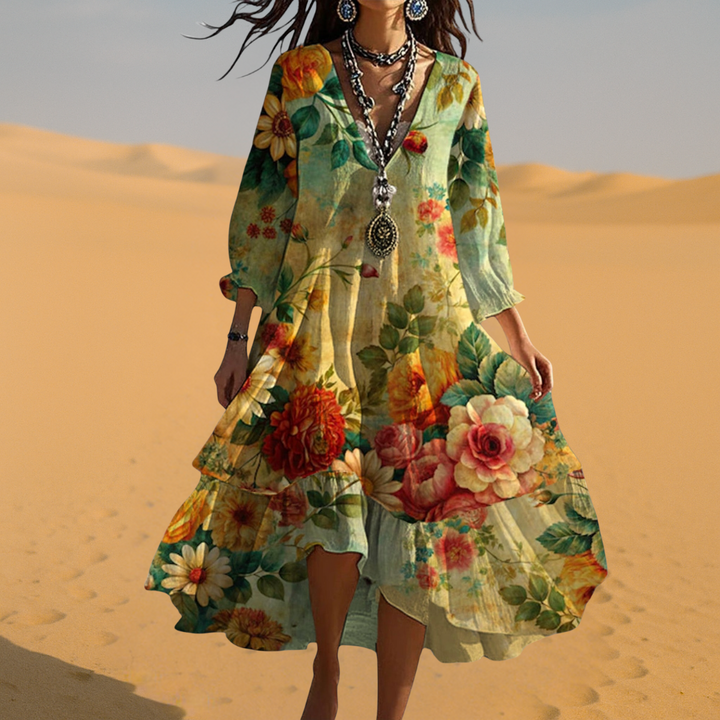 Pia - Boho Vintage Kleid mit V-Ausschnitt