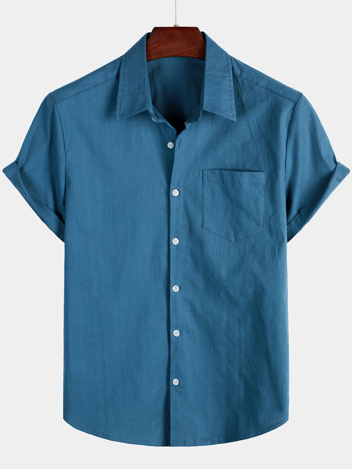 Chemise décontractée à manches courtes pour homme en lin et coton bleu marine