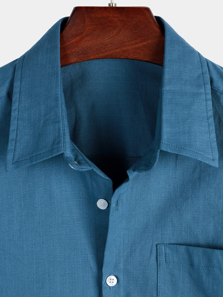 Chemise décontractée à manches courtes pour homme en lin et coton bleu marine