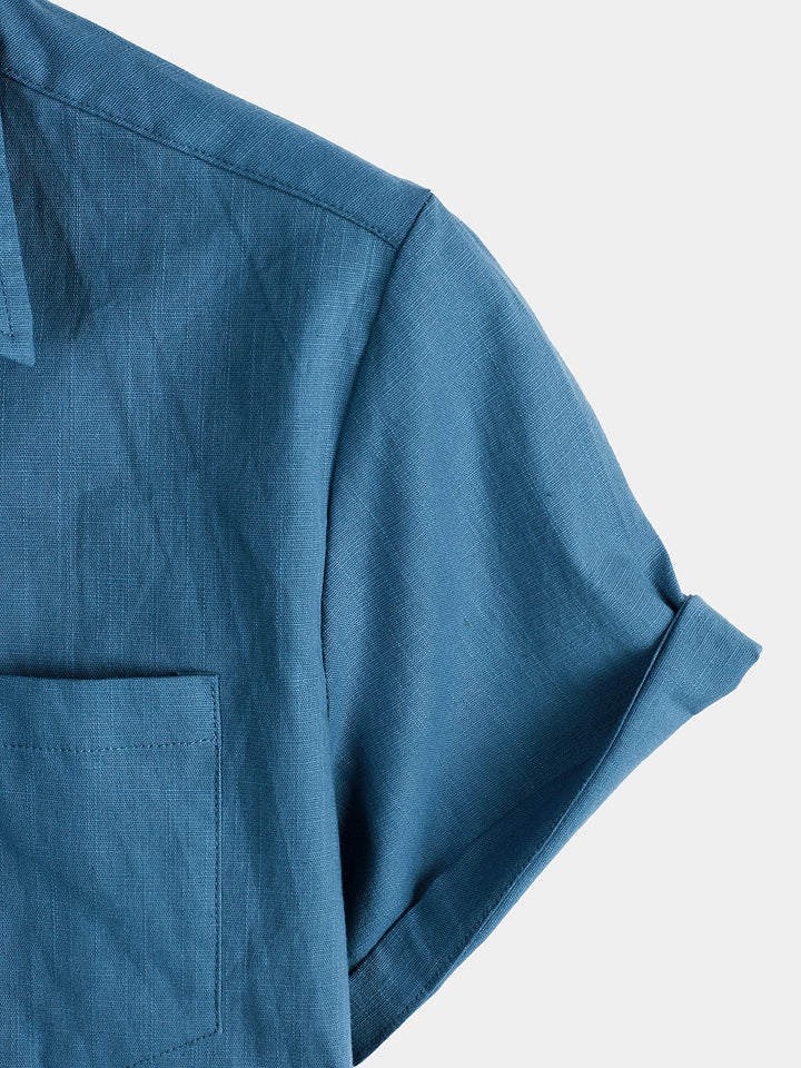 Chemise décontractée à manches courtes pour homme en lin et coton bleu marine