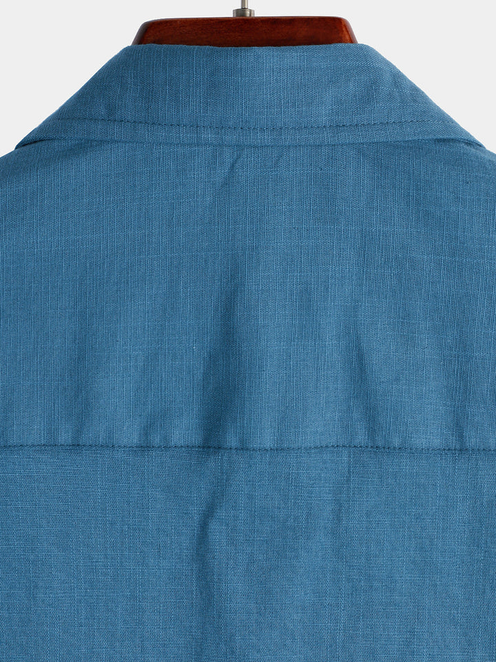 Chemise décontractée à manches courtes pour homme en lin et coton bleu marine