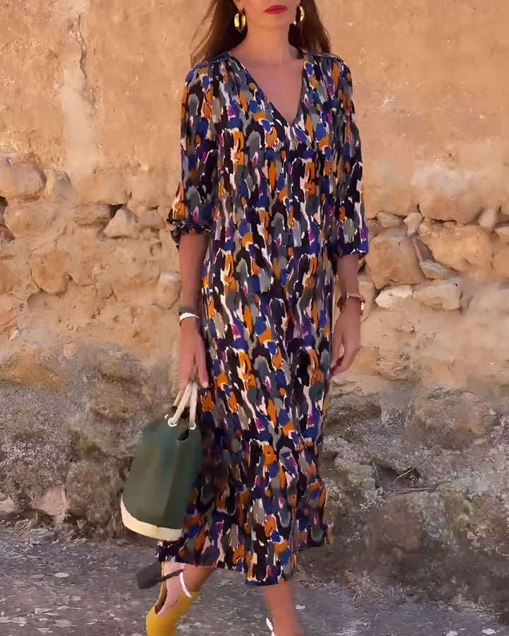 Nathalie | Kleid mit V-Ausschnitt im Retro-Druck