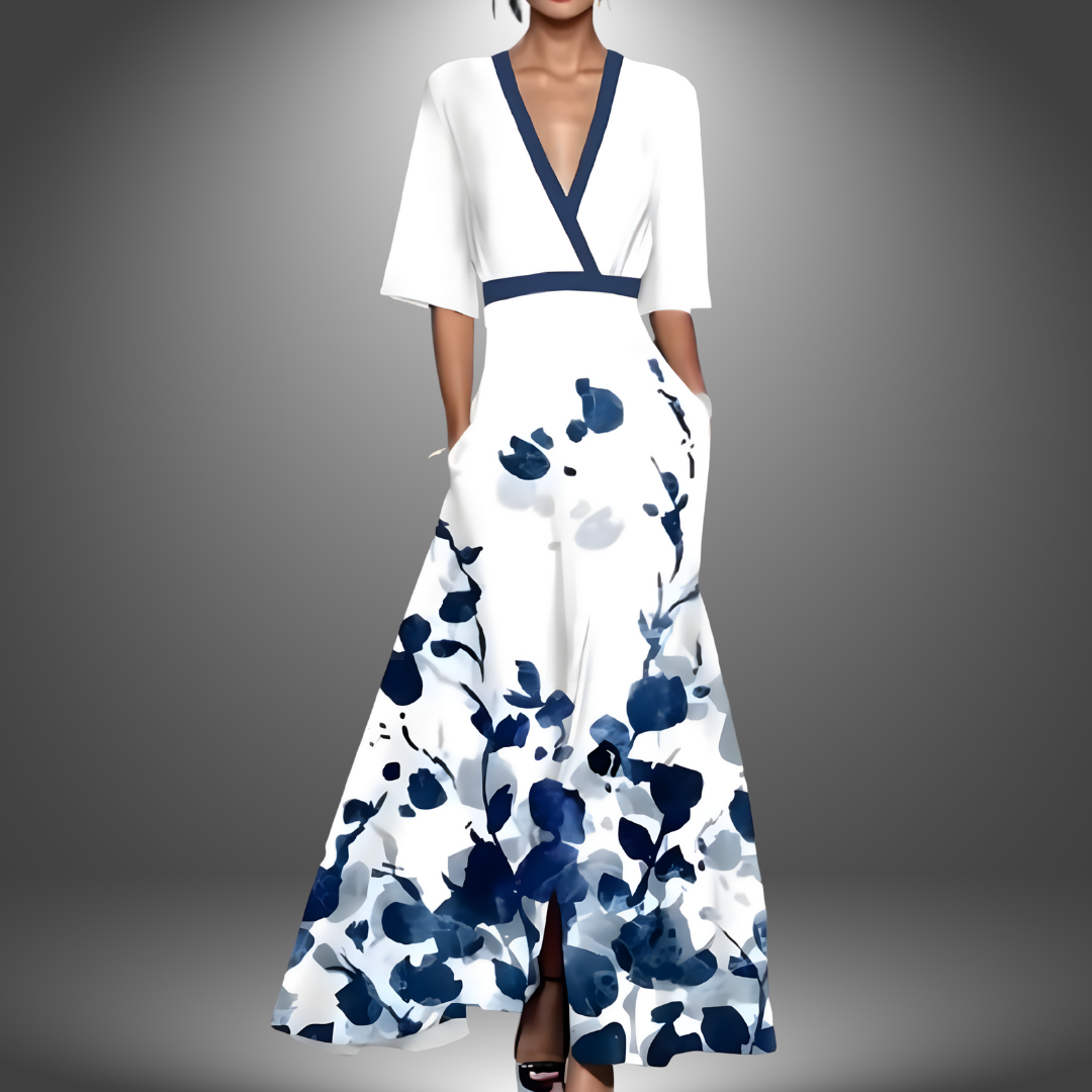 Rhea - Figurbetontes Maxikleid mit V-Ausschnitt und Print