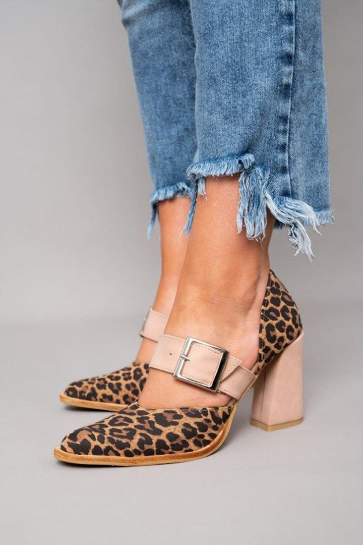 Selveta | Leopardenmuster Wildleder Sandalen mit stabilem Absatz