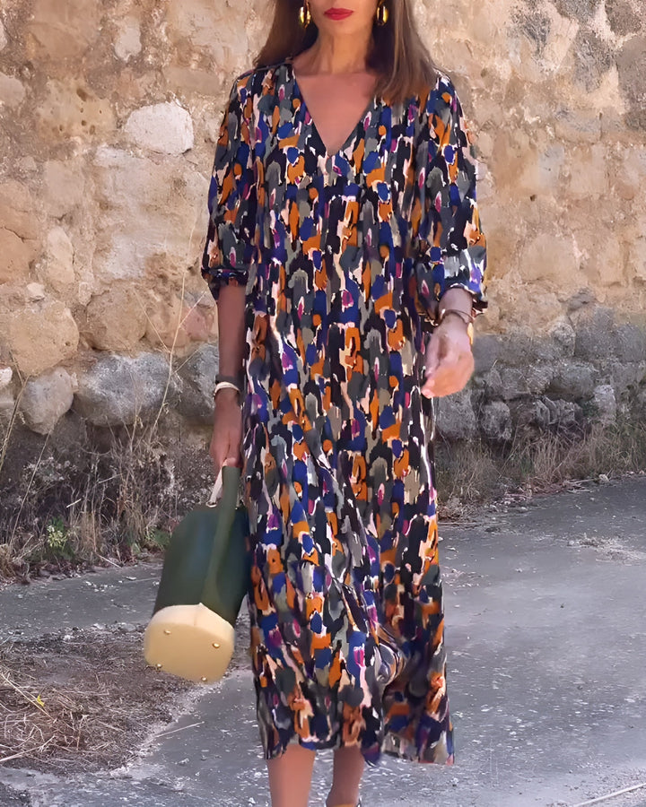 Nathalie | Kleid mit V-Ausschnitt im Retro-Druck