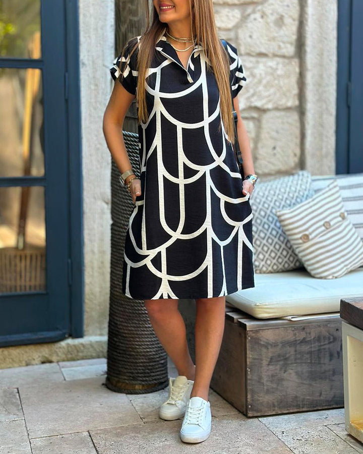 Virginia - Midikleid mit Print, kurzen Ärmeln und Reverslinie