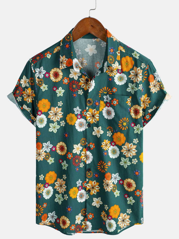 Herren Baumwolle Grün Hawaii-Kurzarmhemd mit Blumenmuster