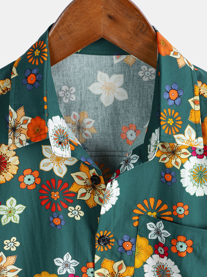 Herren Baumwolle Grün Hawaii-Kurzarmhemd mit Blumenmuster