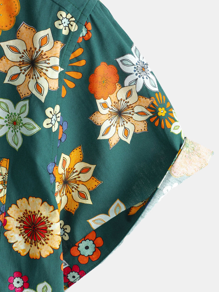 Herren Baumwolle Grün Hawaii-Kurzarmhemd mit Blumenmuster