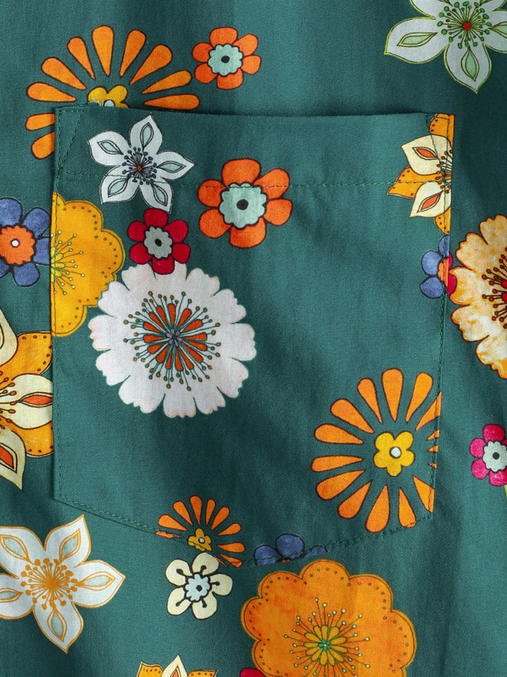 Herren Baumwolle Grün Hawaii-Kurzarmhemd mit Blumenmuster