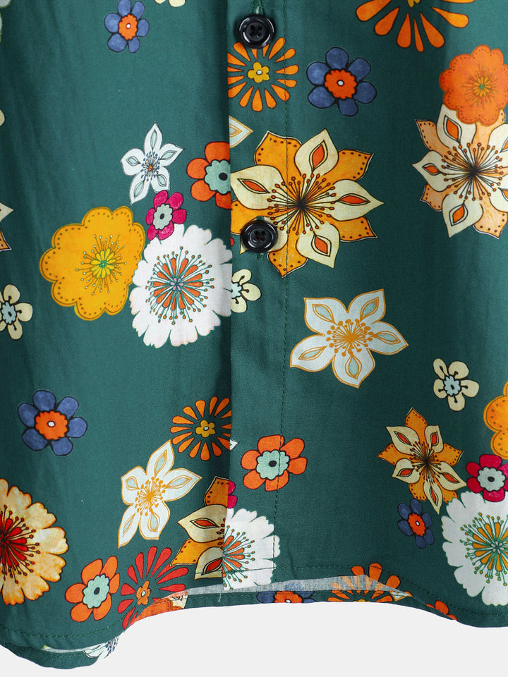 Herren Baumwolle Grün Hawaii-Kurzarmhemd mit Blumenmuster