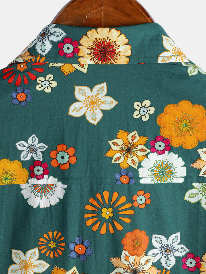 Herren Baumwolle Grün Hawaii-Kurzarmhemd mit Blumenmuster