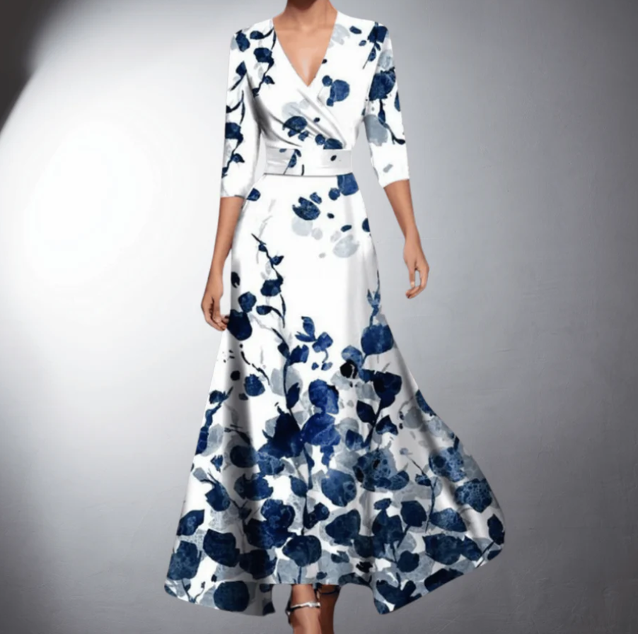 Zoe - Klassisches Floral V-Ausschnitt Maxikleid