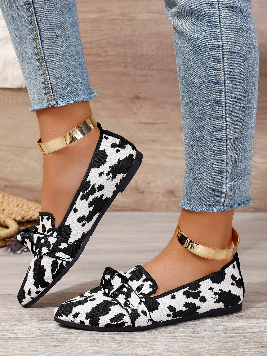FIONA| Flache Slip-On-Schuhe mit Leopardenmuster und Schleife