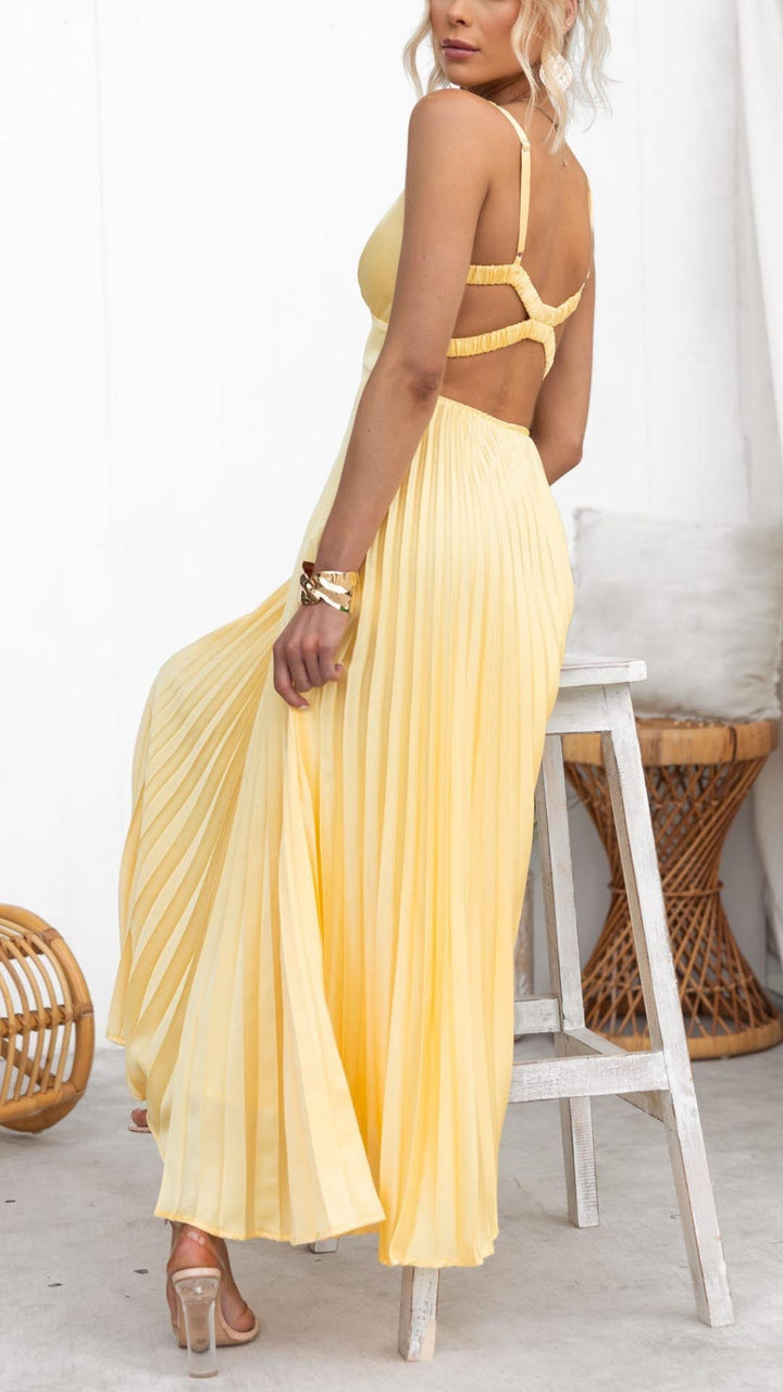 Anette - Robe jaune plissée à col en V