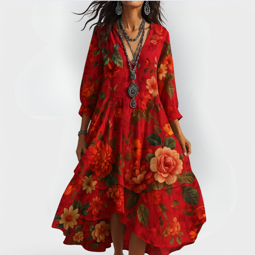 Pia - Boho Vintage Kleid mit V-Ausschnitt