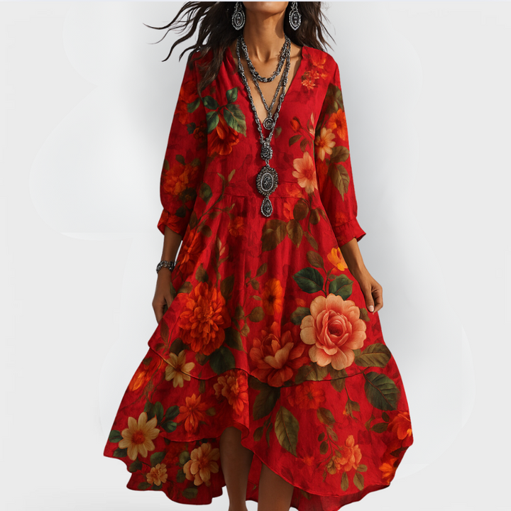 Pia - Boho Vintage Kleid mit V-Ausschnitt