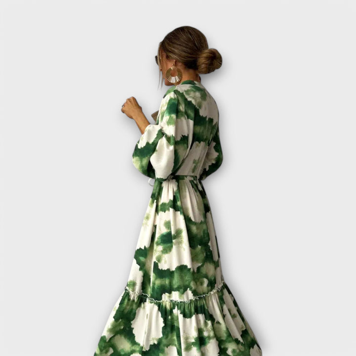 Melina - Grünes Maxikleid mit langen Ärmeln und V-Ausschnitt