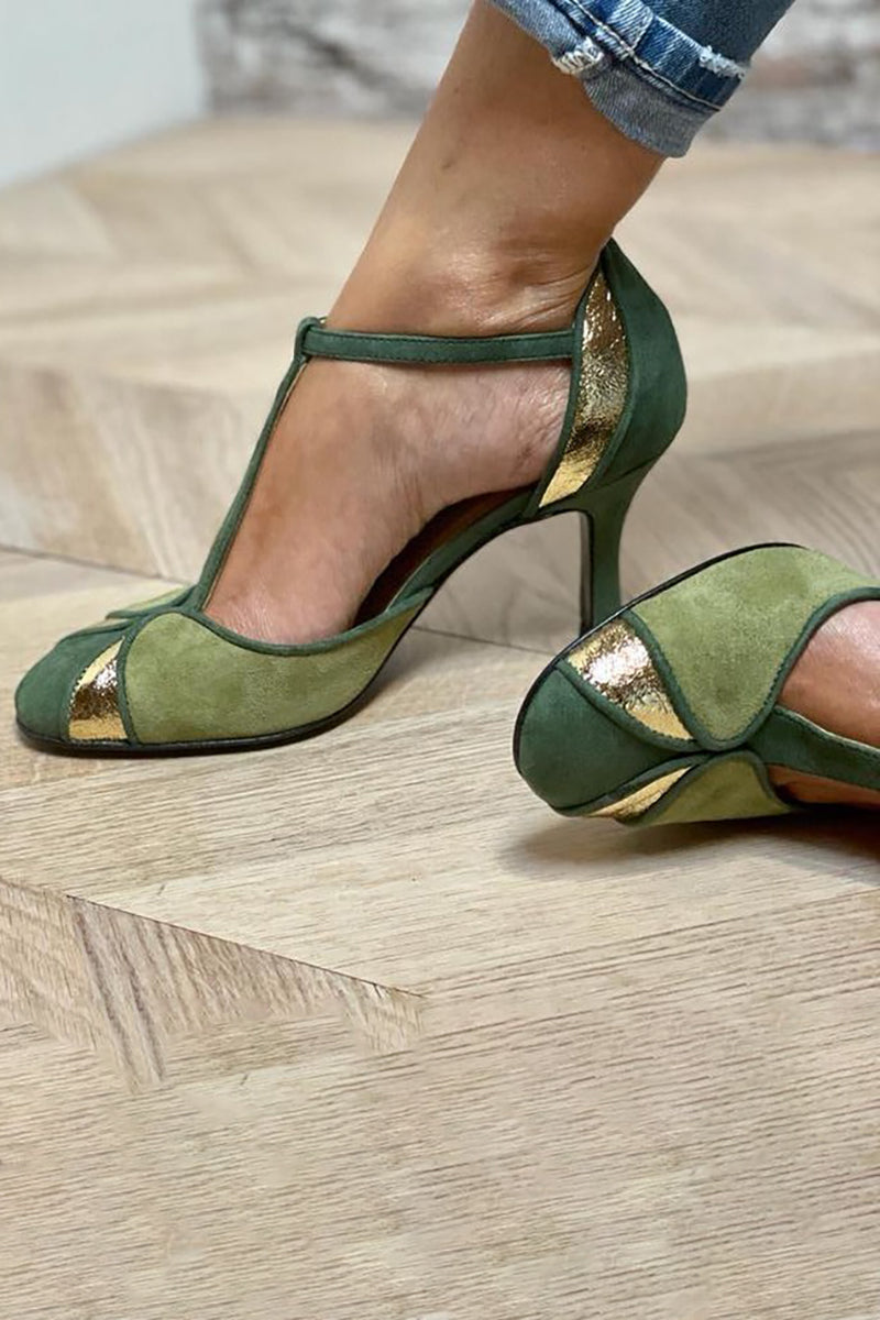 Taviana | Patchwork-Pumps mit T-Riemen und geschlossenem Zehenbereich
