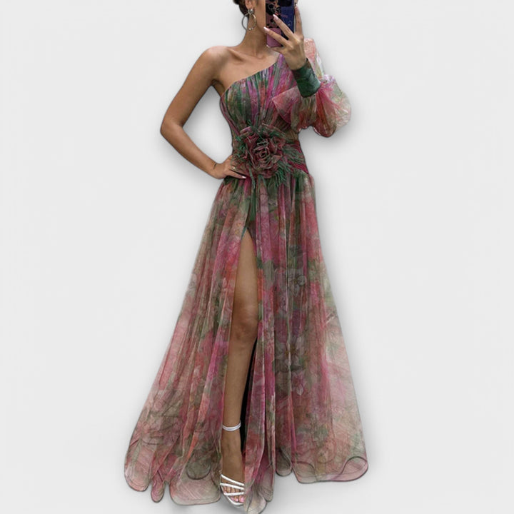 Elegantes Abendkleid mit einem Schulterträger und taillierendem Schnitt